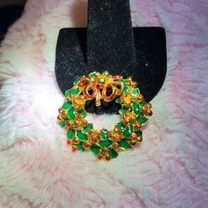 Festive Wreath Brooch with Red and Green Accents